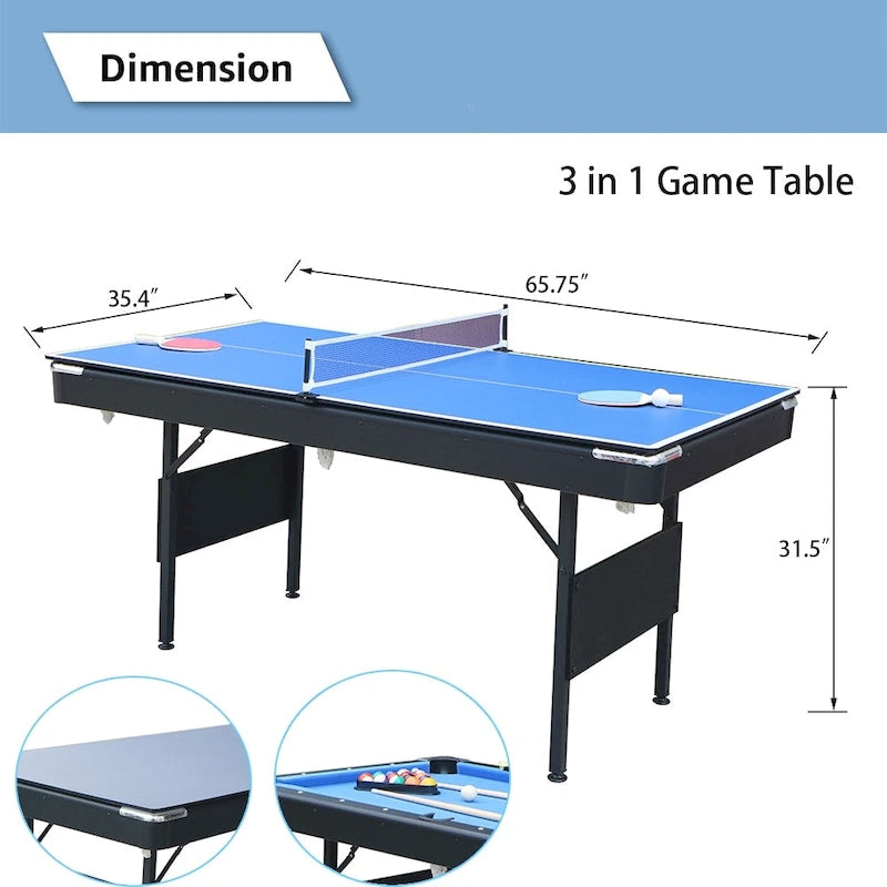 65.7 Tables de jeux portables 3-en-1, Billard, Tennis de table, Plateau de table pour la maison - S.O.