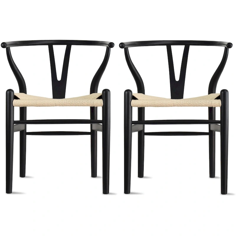 de 2 chaises de salle à manger modernes en bois avec dossier en Y, accoudoirs et assise en chanvre pour la maison, le restaurant et le bureau