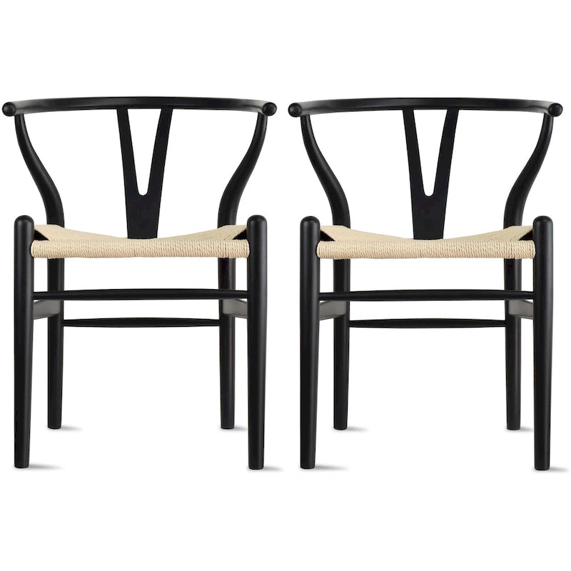 de 2 chaises de salle à manger modernes en bois avec dossier en Y, accoudoirs et assise en chanvre pour la maison, le restaurant et le bureau