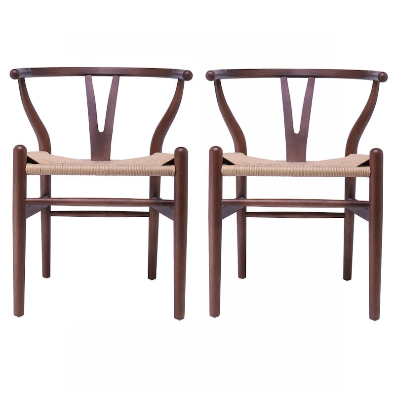 de 2 chaises de salle à manger modernes en bois avec dossier en Y, accoudoirs et assise en chanvre pour la maison, le restaurant et le bureau