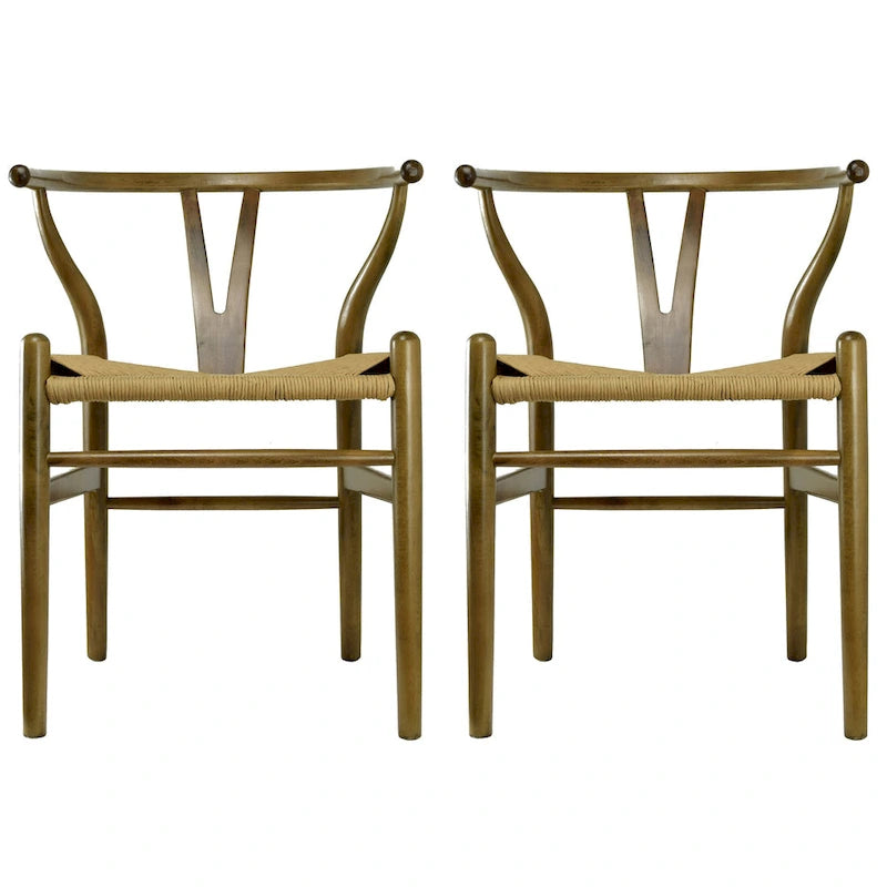 de 2 chaises de salle à manger modernes en bois avec dossier en Y, accoudoirs et assise en chanvre pour la maison, le restaurant et le bureau