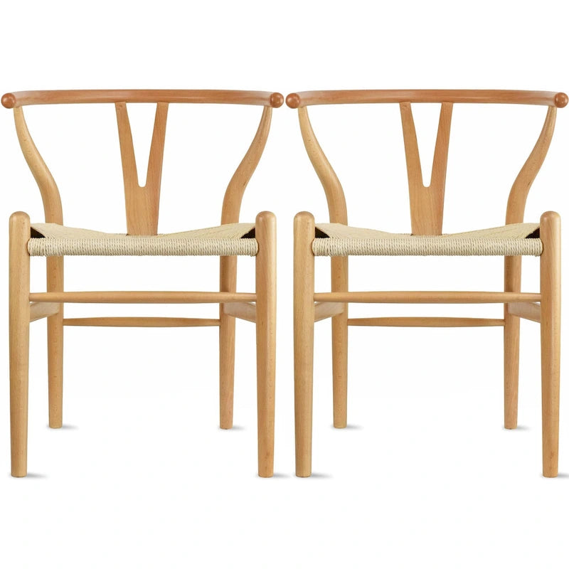 de 2 chaises de salle à manger modernes en bois avec dossier en Y, accoudoirs et assise en chanvre pour la maison, le restaurant et le bureau