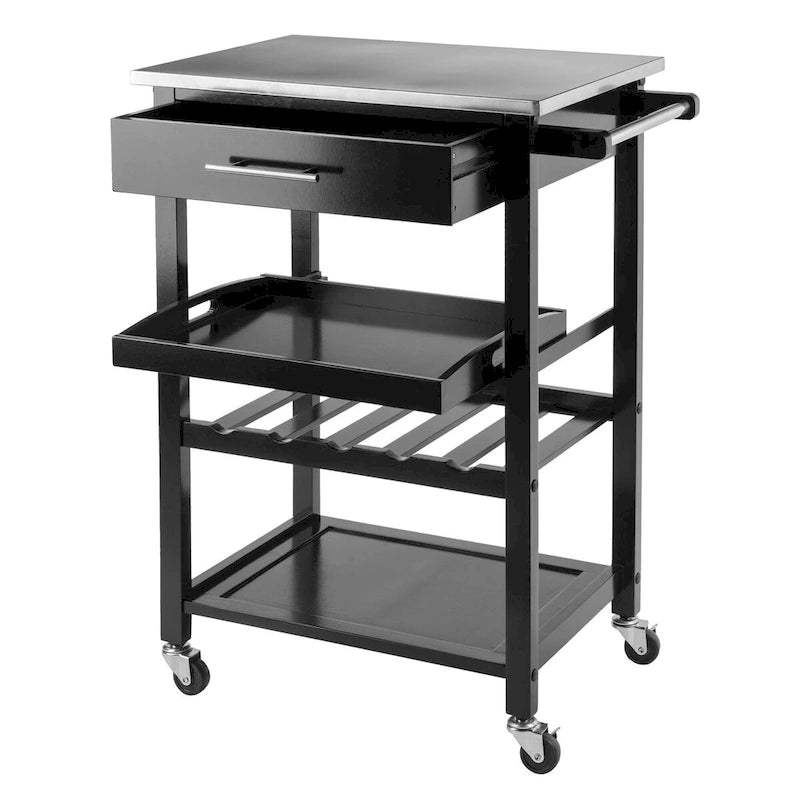 Desserte de cuisine Anthony, plateau en acier inoxydable, noir – 64 x 41,6 x 85,8 cm