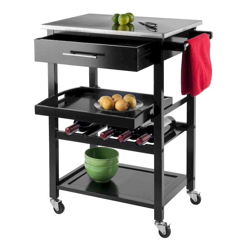 Desserte de cuisine Anthony, plateau en acier inoxydable, noir – 64 x 41,6 x 85,8 cm