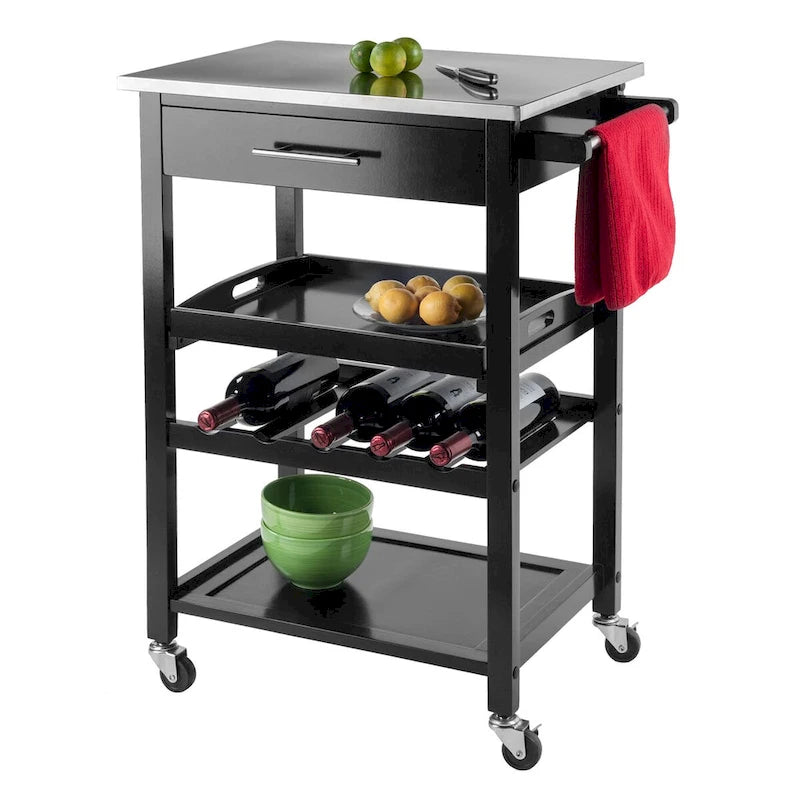 Desserte de cuisine Anthony, plateau en acier inoxydable, noir – 64 x 41,6 x 85,8 cm
