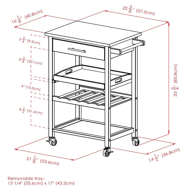Desserte de cuisine Anthony, plateau en acier inoxydable, noir – 64 x 41,6 x 85,8 cm