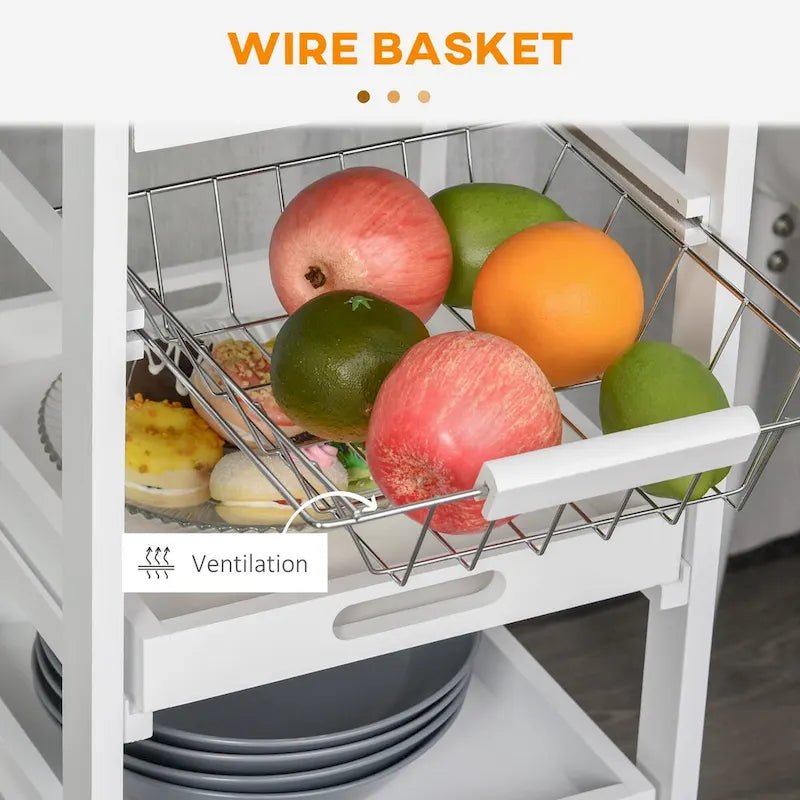 Îlot de cuisine roulant avec rangement, paniers à fruits en fil métallique, plateaux et tiroir