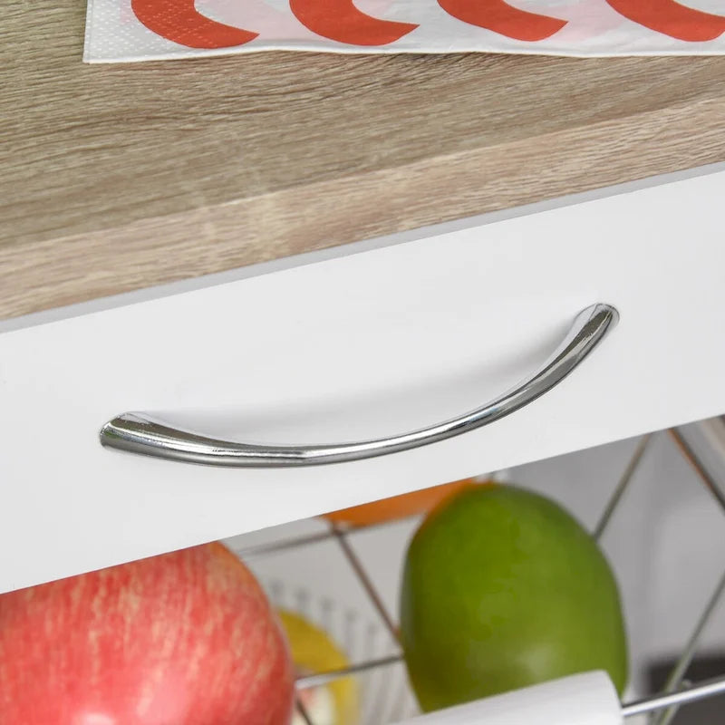 Îlot de cuisine roulant avec rangement, paniers à fruits en fil métallique, plateaux et tiroir