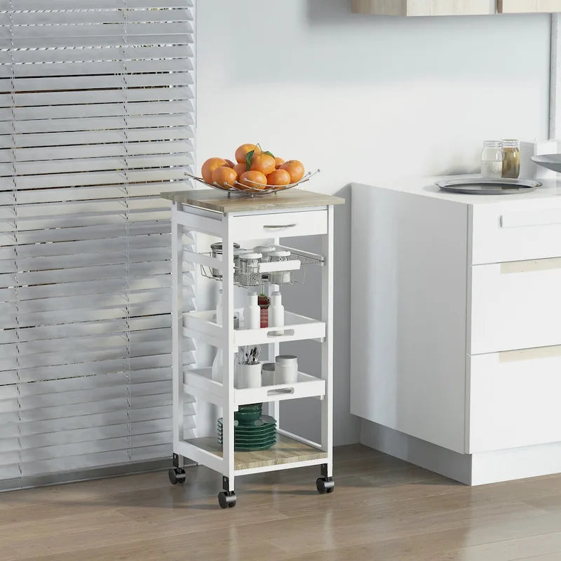 Îlot de cuisine roulant avec rangement, paniers à fruits en fil métallique, plateaux et tiroir