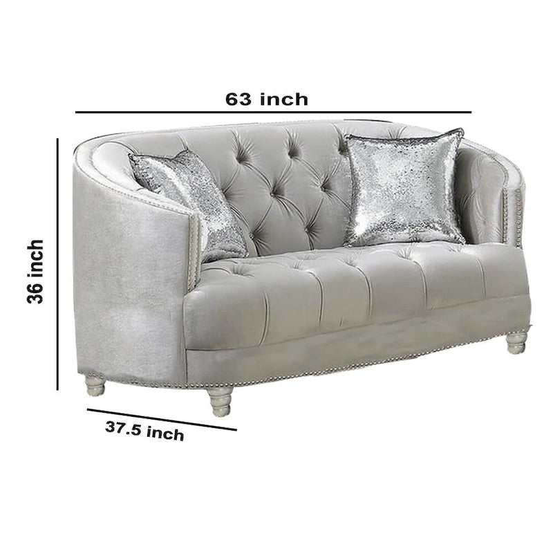 Causeuse en bois avec capitonnage profond et garniture cloutée, Gris
