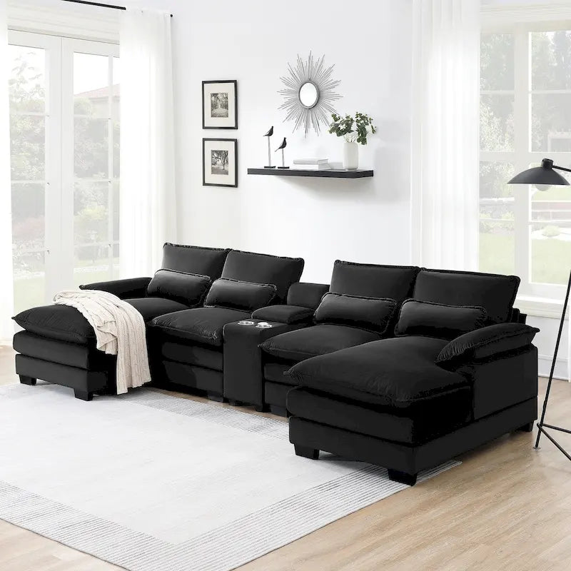 Canapé en U moderne avec console, porte-gobelets et ports USB, meubles d'intérieur rembourrés symétriques à 6 places, noir