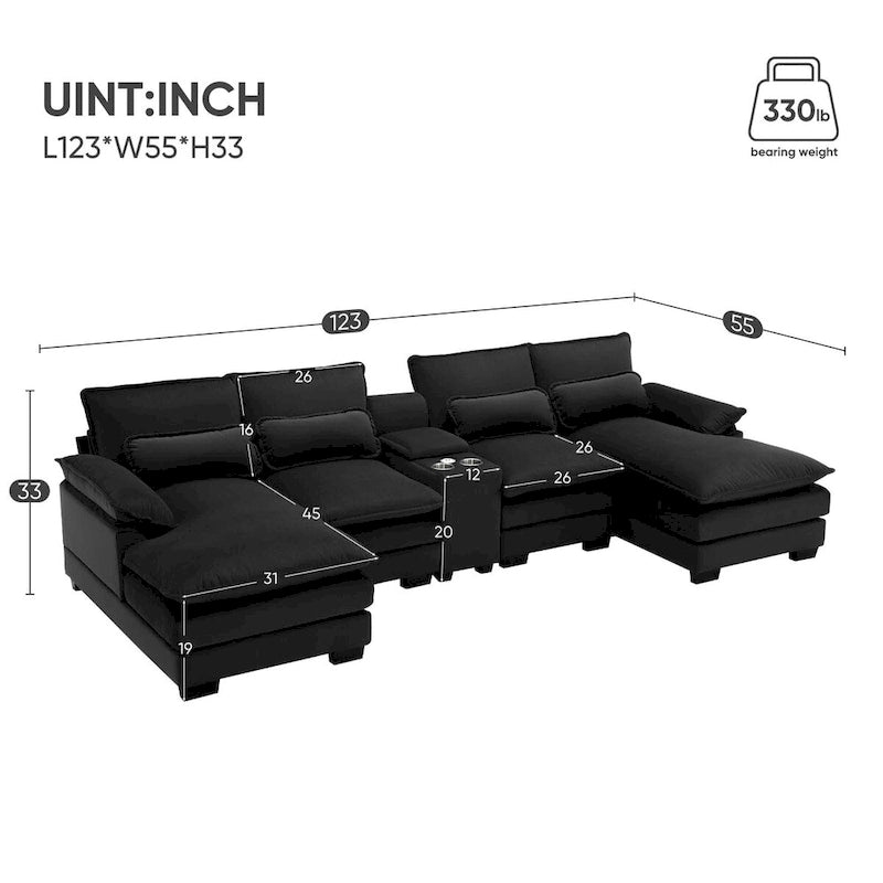 Canapé en U moderne avec console, porte-gobelets et ports USB, meubles d'intérieur rembourrés symétriques à 6 places, noir