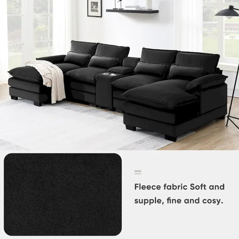 Canapé en U moderne avec console, porte-gobelets et ports USB, meubles d'intérieur rembourrés symétriques à 6 places, noir