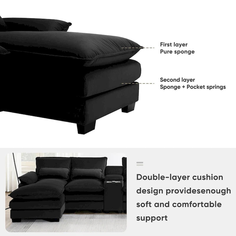 Canapé en U moderne avec console, porte-gobelets et ports USB, meubles d'intérieur rembourrés symétriques à 6 places, noir