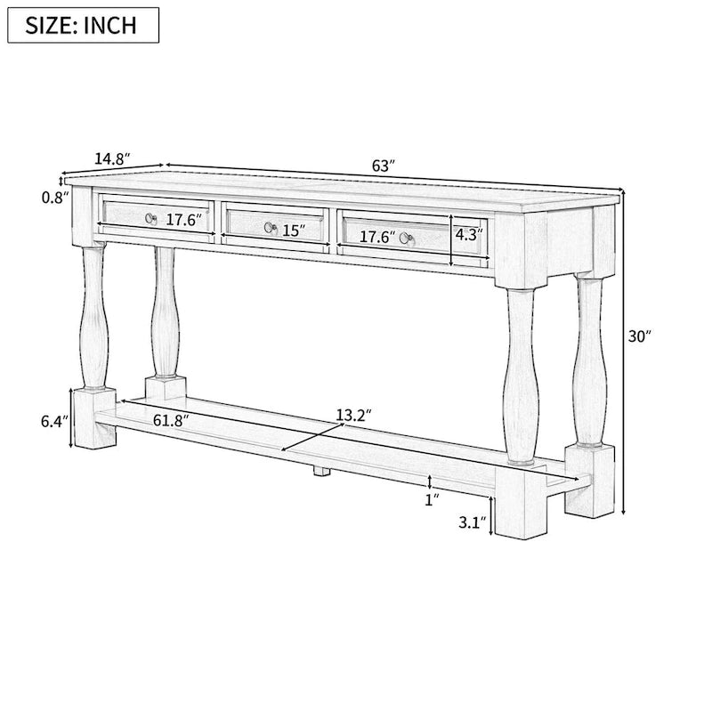 Console 63 po avec tiroirs et étagère pour entrée, couloir, salon