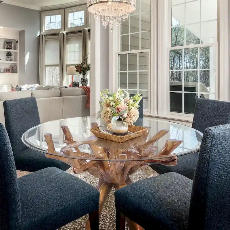 Table à manger rustique en bois de teck avec plateau en verre rond de 48 pouces