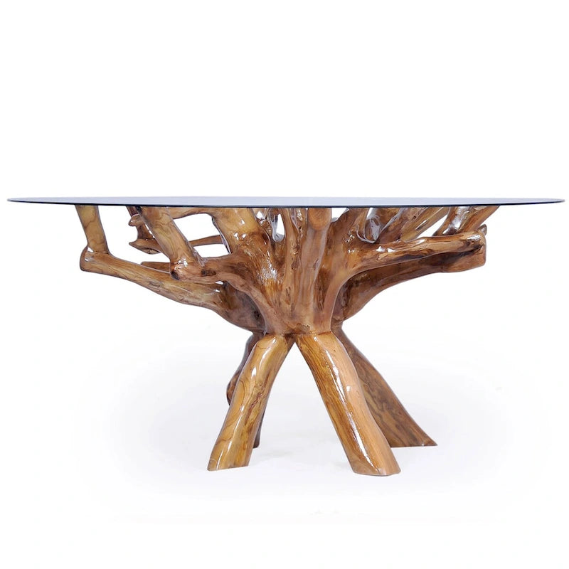 Table à manger rustique en bois de teck avec plateau en verre rond de 48 pouces