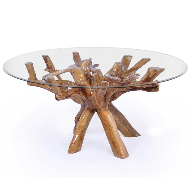 Table à manger rustique en bois de teck avec plateau en verre rond de 48 pouces