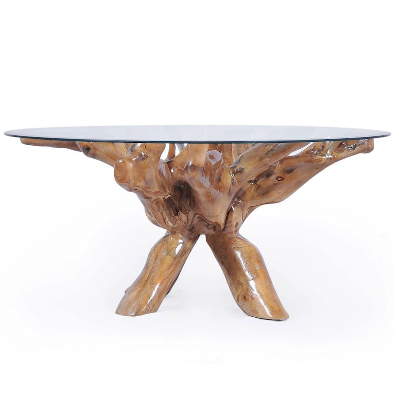 Table à manger rustique en bois de teck avec plateau en verre rond de 48 pouces