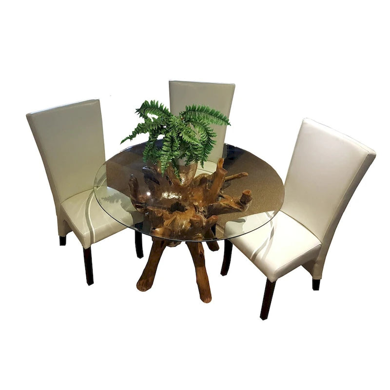 Table à manger rustique en bois de teck avec plateau en verre rond de 48 pouces