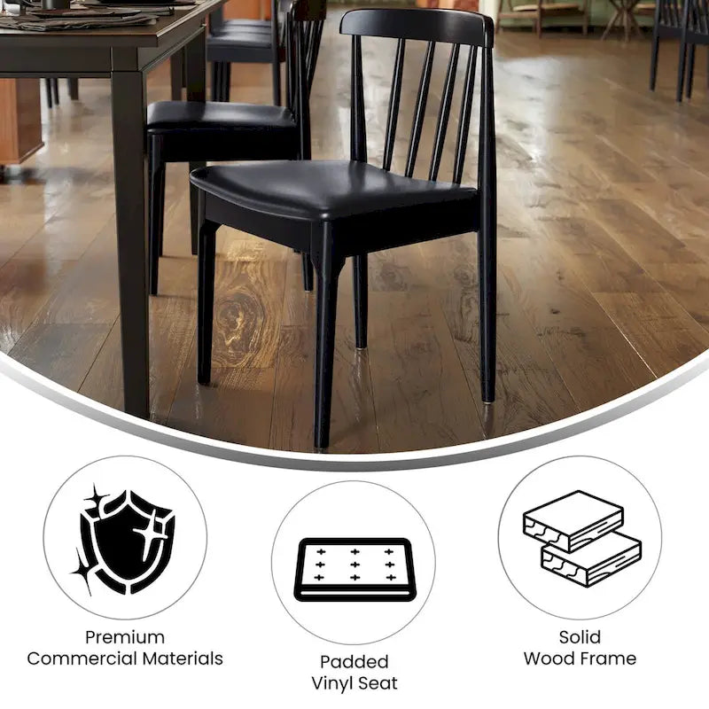 Chaise de salle à manger commerciale en bois massif avec assise rembourrée en vinyle - lot de 2