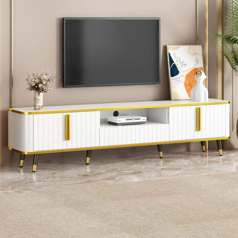 Meuble TV de luxe minimaliste avec étagère ouverte pour téléviseurs jusqu'à 85 pouces, centre de divertissement avec armoires et tiroirs