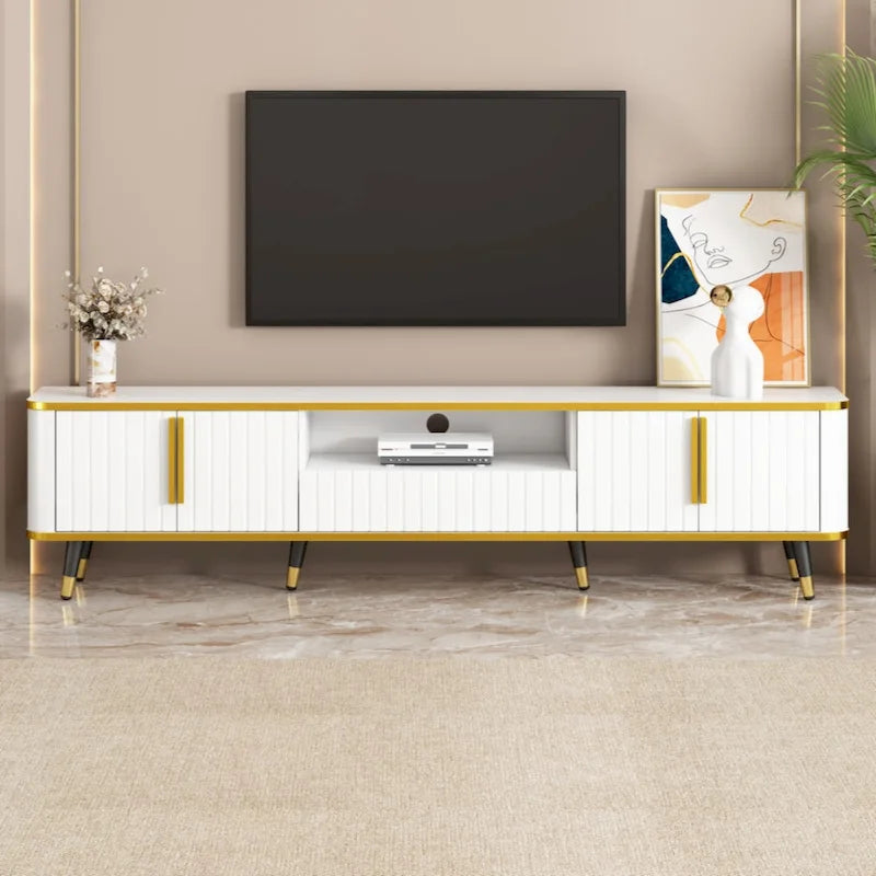 Meuble TV de luxe minimaliste avec étagère ouverte pour téléviseurs jusqu'à 85 pouces, centre de divertissement avec armoires et tiroirs