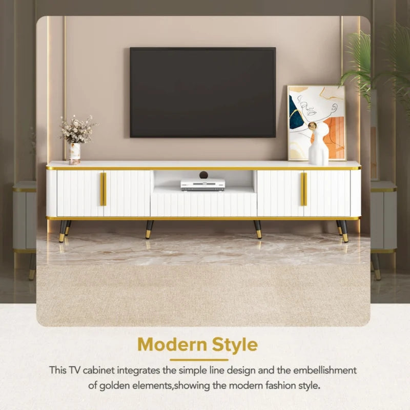Meuble TV de luxe minimaliste avec étagère ouverte pour téléviseurs jusqu'à 85 pouces, centre de divertissement avec armoires et tiroirs
