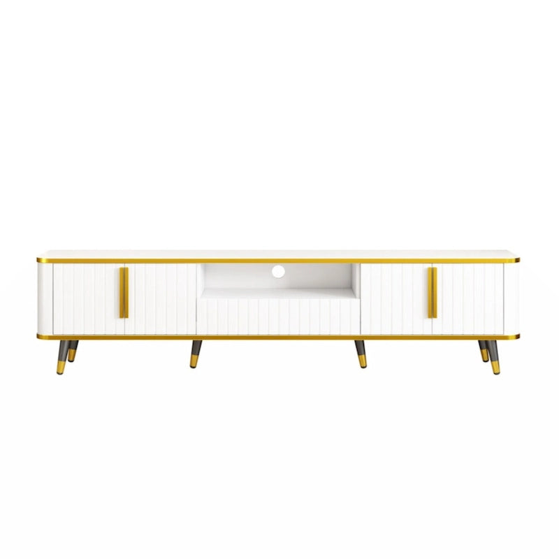 Meuble TV de luxe minimaliste avec étagère ouverte pour téléviseurs jusqu'à 85 pouces, centre de divertissement avec armoires et tiroirs