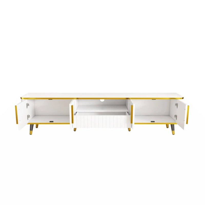 Meuble TV de luxe minimaliste avec étagère ouverte pour téléviseurs jusqu'à 85 pouces, centre de divertissement avec armoires et tiroirs