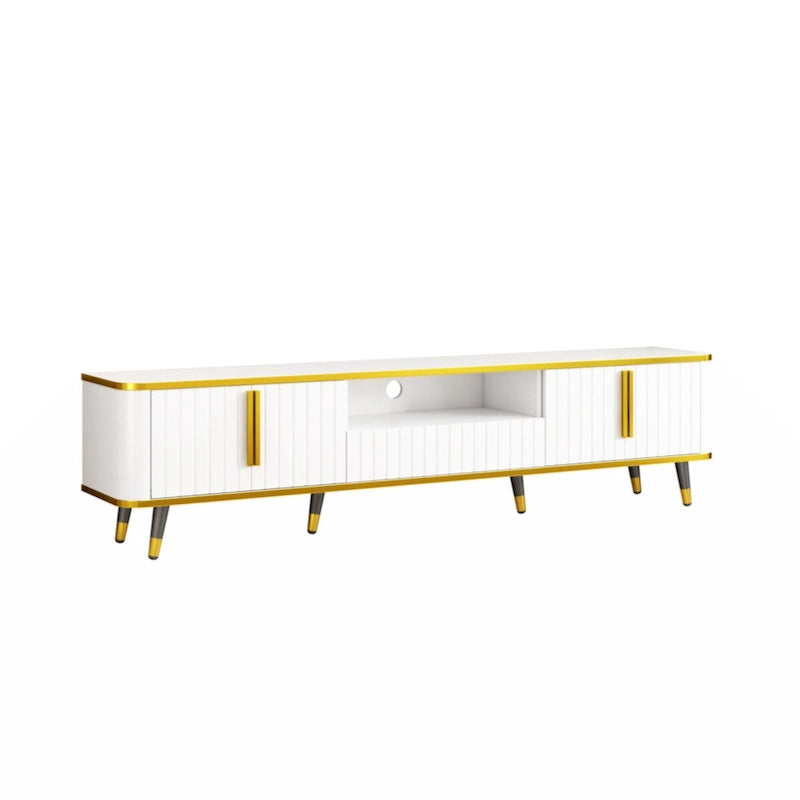 Meuble TV de luxe minimaliste avec étagère ouverte pour téléviseurs jusqu'à 85 pouces, centre de divertissement avec armoires et tiroirs