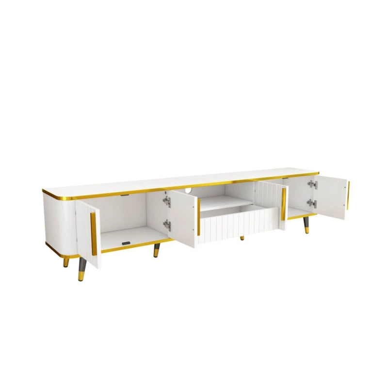 Meuble TV de luxe minimaliste avec étagère ouverte pour téléviseurs jusqu'à 85 pouces, centre de divertissement avec armoires et tiroirs