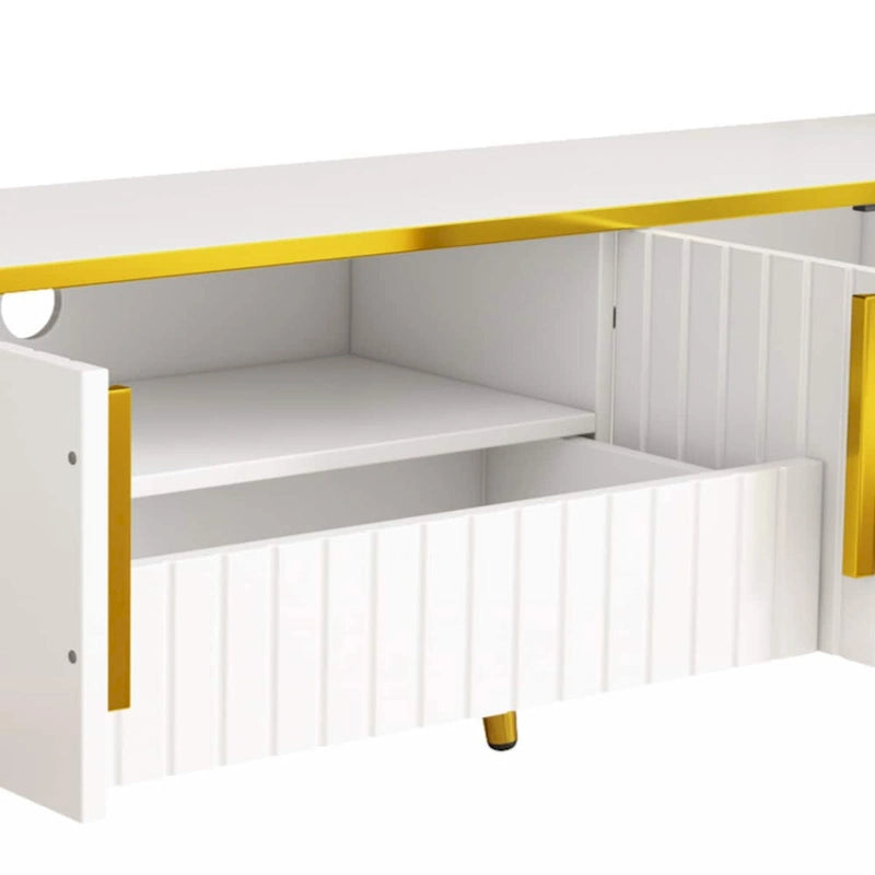 Meuble TV de luxe minimaliste avec étagère ouverte pour téléviseurs jusqu'à 85 pouces, centre de divertissement avec armoires et tiroirs