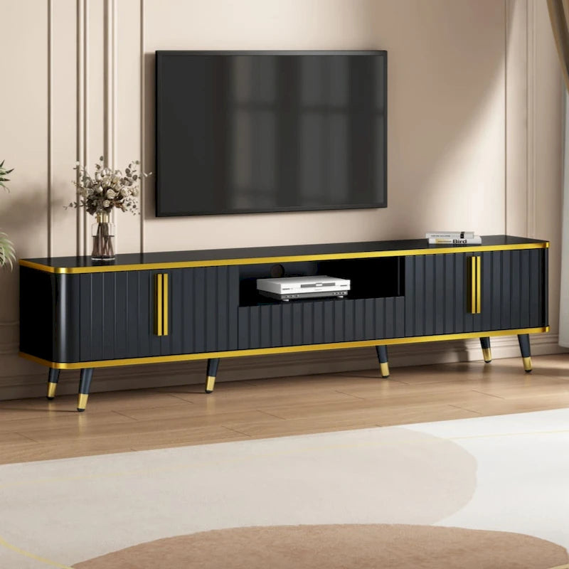 Meuble TV de luxe minimaliste avec étagère ouverte pour téléviseurs jusqu'à 85 pouces, centre de divertissement avec armoires et tiroirs