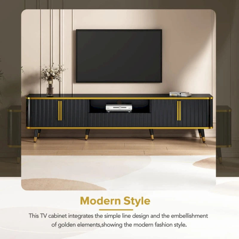 Meuble TV de luxe minimaliste avec étagère ouverte pour téléviseurs jusqu'à 85 pouces, centre de divertissement avec armoires et tiroirs