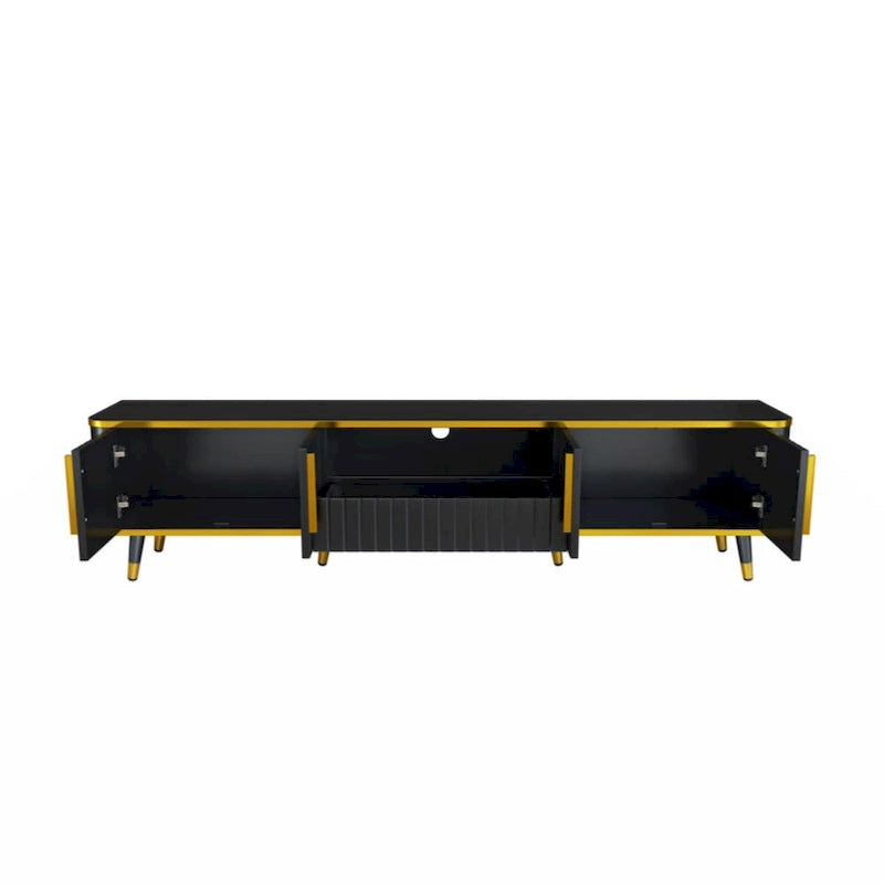 Meuble TV de luxe minimaliste avec étagère ouverte pour téléviseurs jusqu'à 85 pouces, centre de divertissement avec armoires et tiroirs