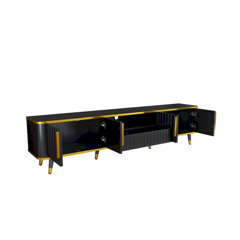 Meuble TV de luxe minimaliste avec étagère ouverte pour téléviseurs jusqu'à 85 pouces, centre de divertissement avec armoires et tiroirs