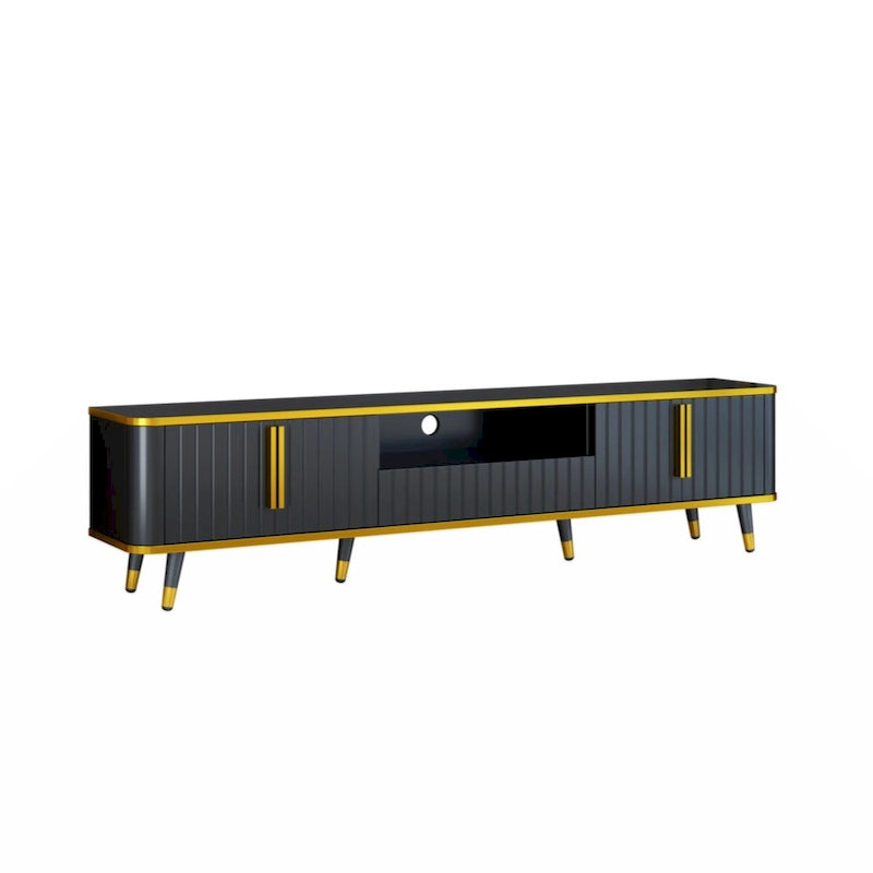 Meuble TV de luxe minimaliste avec étagère ouverte pour téléviseurs jusqu'à 85 pouces, centre de divertissement avec armoires et tiroirs