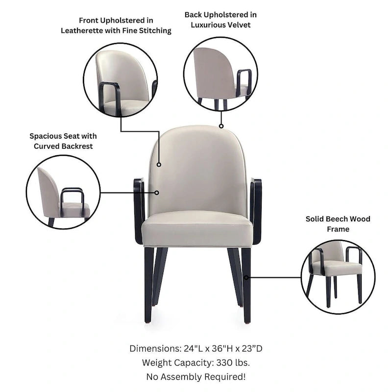 Chaise de salle à manger Hillman moderne en similicuir et velours avec accoudoirs