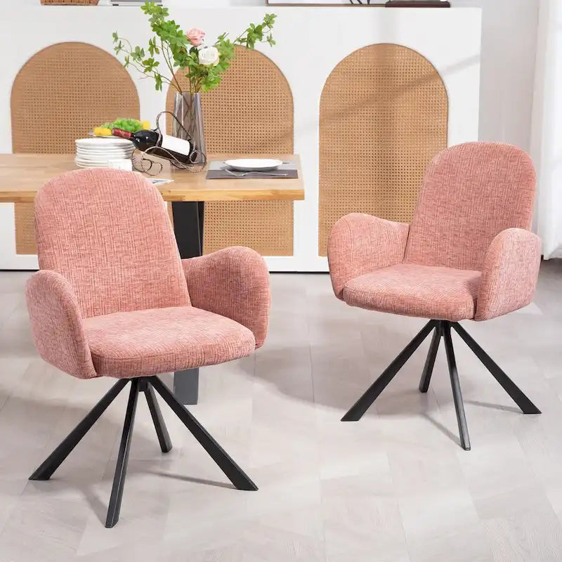 Chaise de salle à manger Beacher en lin rose avec pieds en fer noir