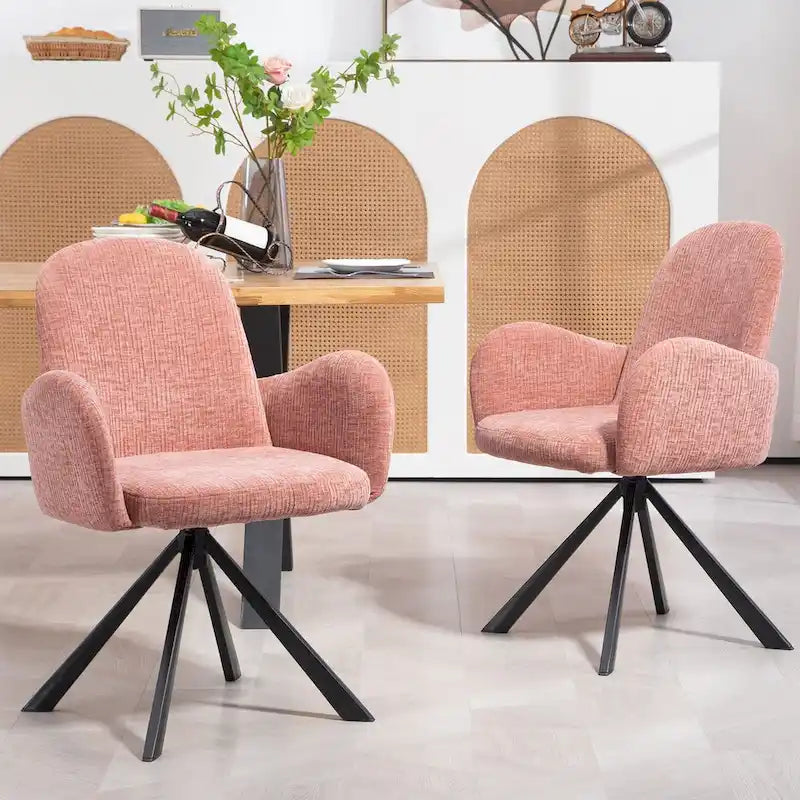 Chaise de salle à manger Beacher en lin rose avec pieds en fer noir