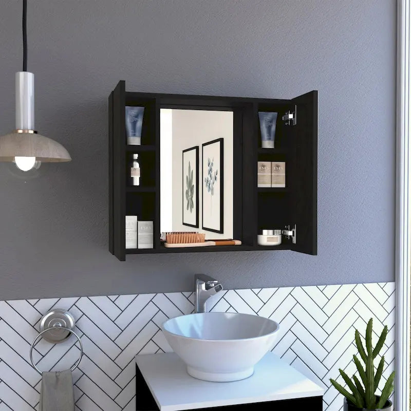 Armoire à pharmacie, double porte, miroir, une étagère extérieure, finition wengé noir