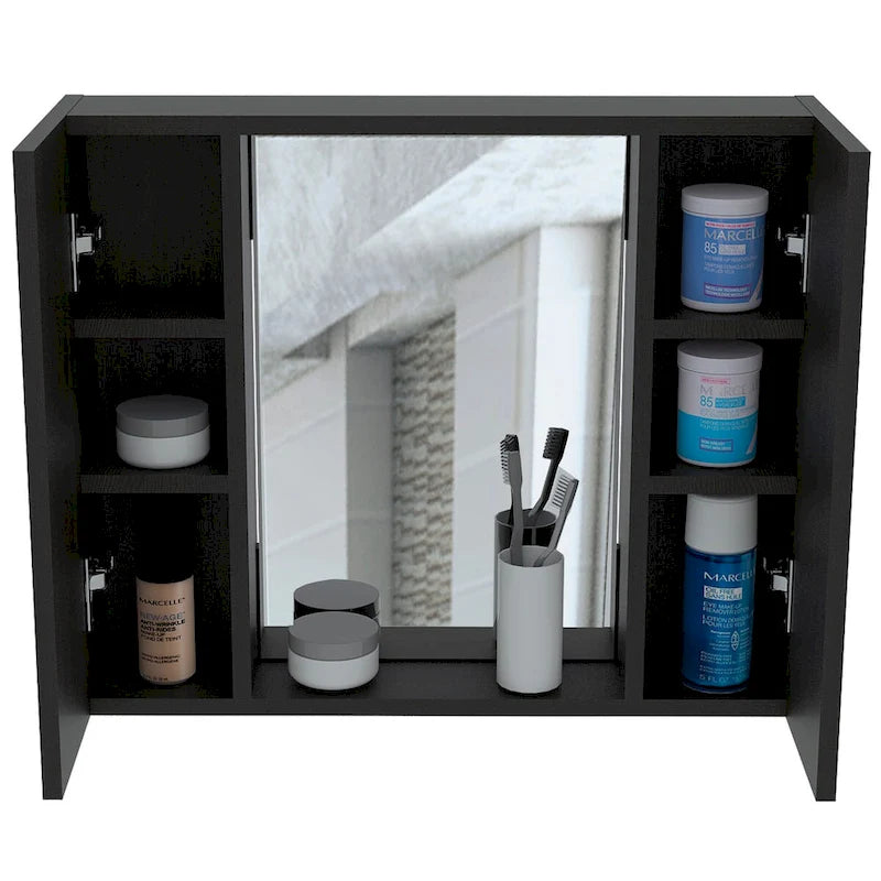 Armoire à pharmacie, double porte, miroir, une étagère extérieure, finition wengé noir