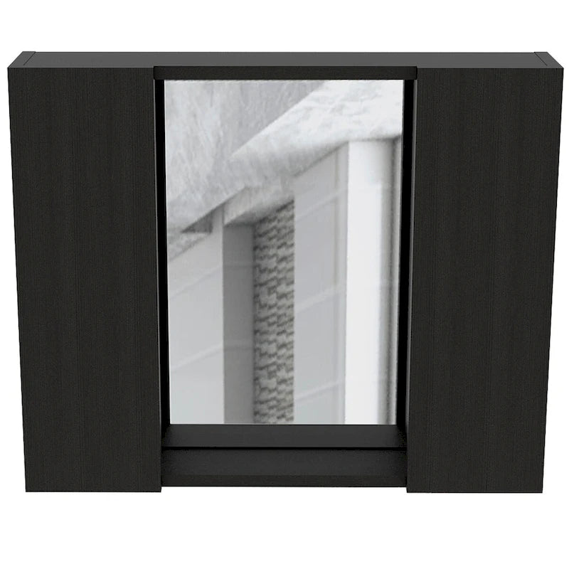 Armoire à pharmacie, double porte, miroir, une étagère extérieure, finition wengé noir
