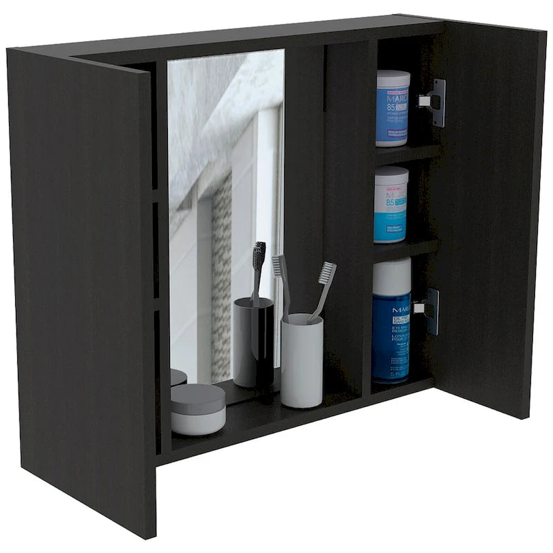 Armoire à pharmacie, double porte, miroir, une étagère extérieure, finition wengé noir