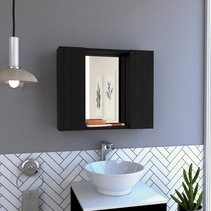 Armoire à pharmacie, double porte, miroir, une étagère extérieure, finition wengé noir