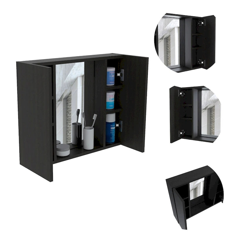 Armoire à pharmacie, double porte, miroir, une étagère extérieure, finition wengé noir
